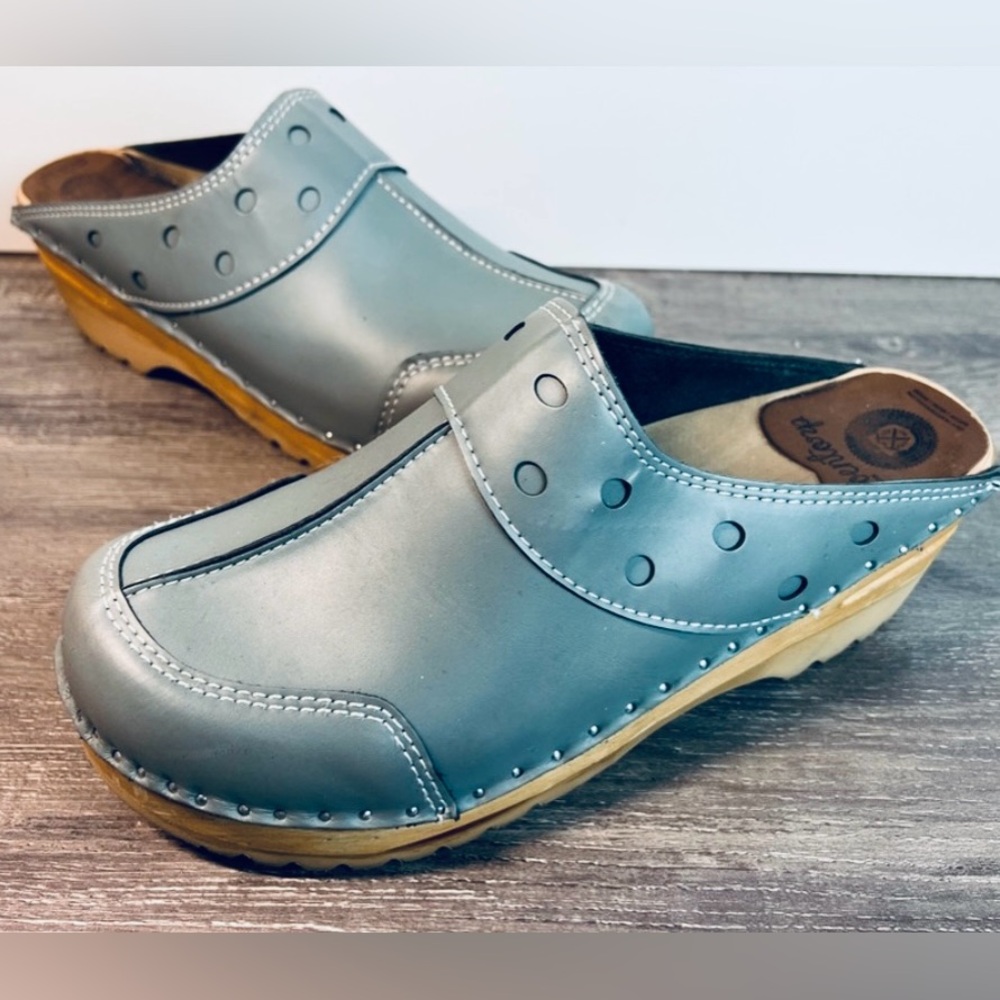 42 TROENTORP DURER wood CLOGS shoes leather Medium rare blue sweden 10.5-11 USA